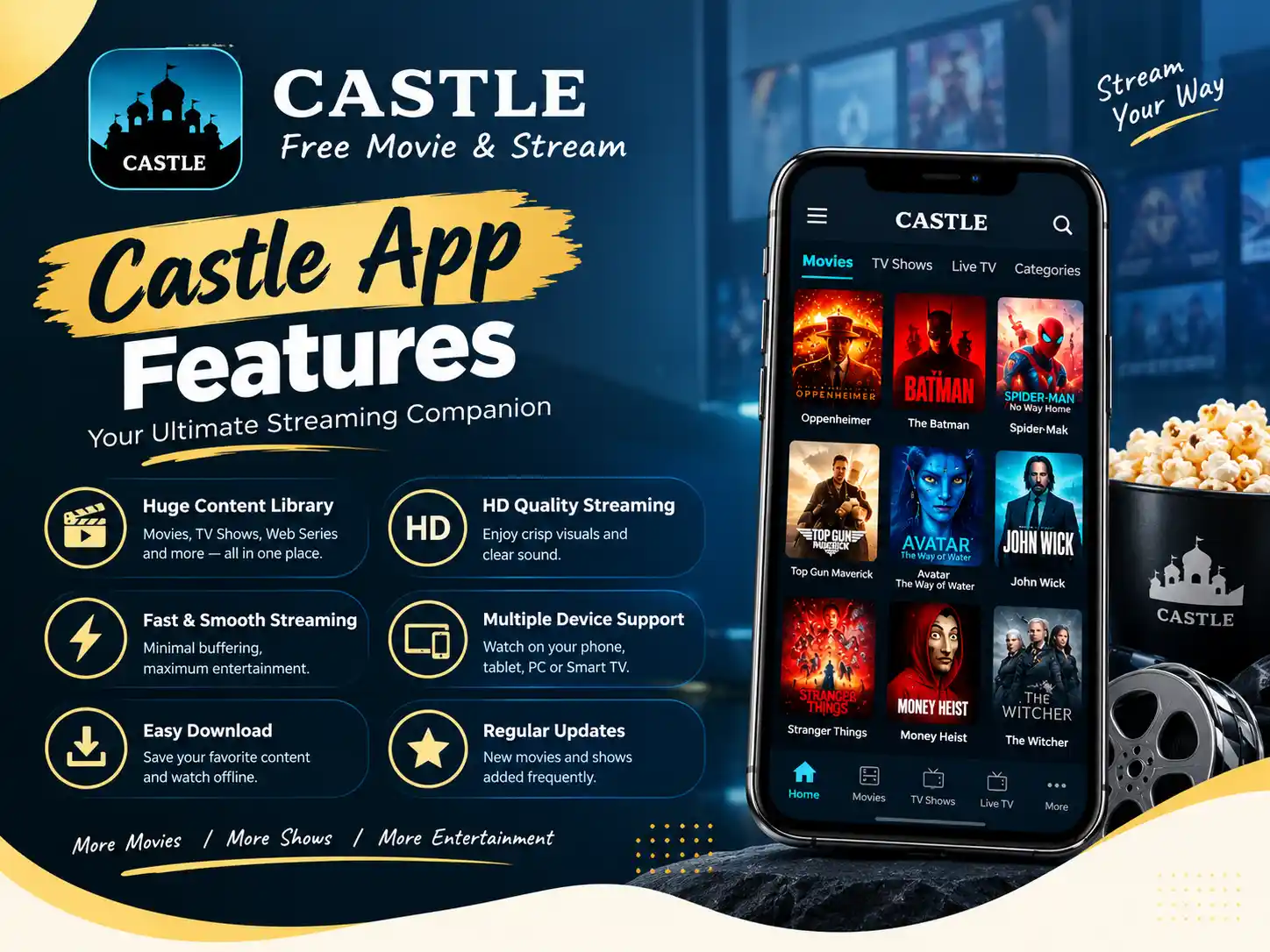 Castle app showcasing streaming features and entertainment options